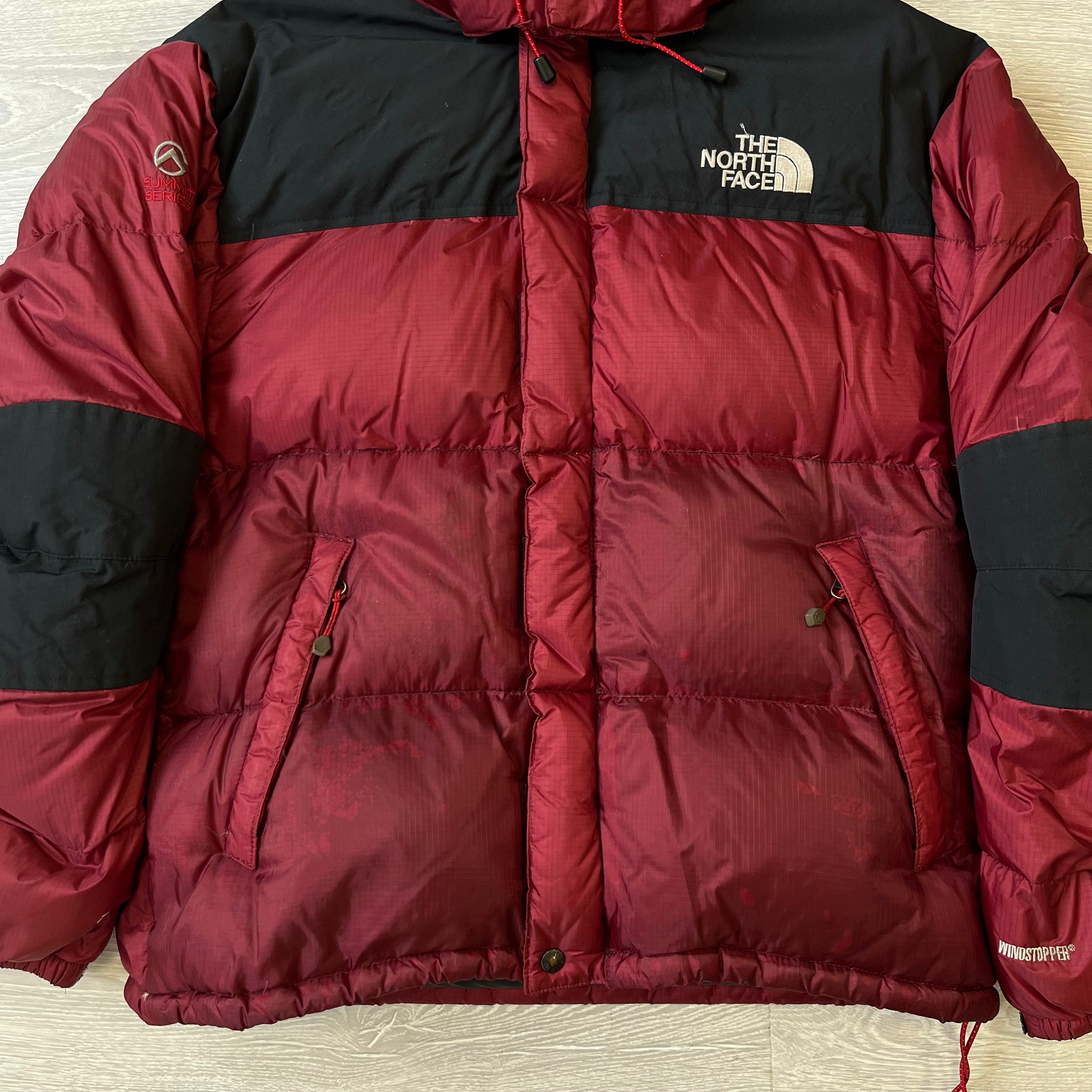 The North Face Maroon Baltoro Puffer Jacket WITH STAIN