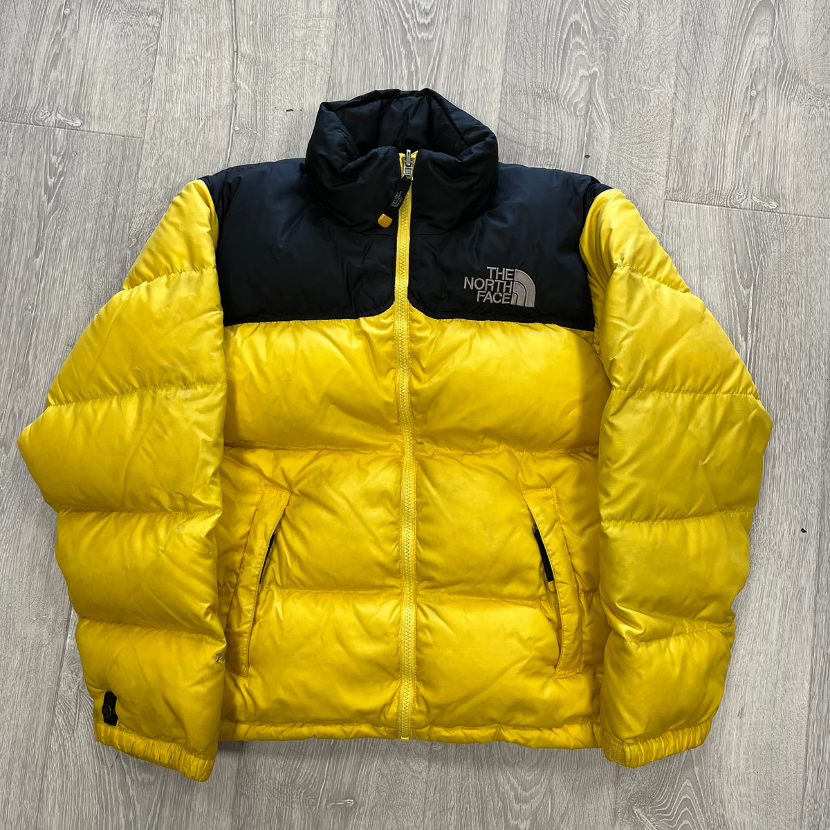 The North Face Yellow Puffer Jacket WITH STAIN | We Vintage