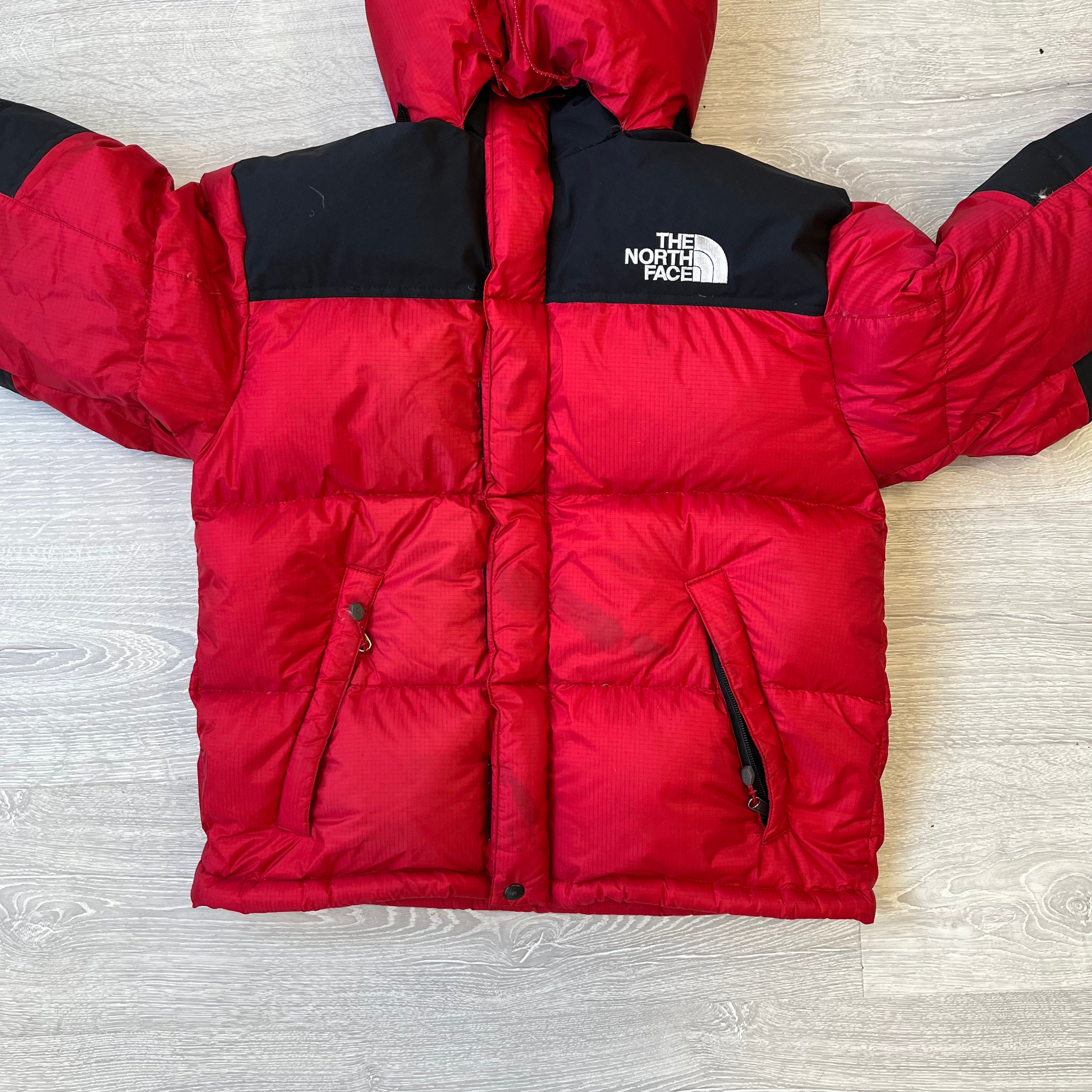 The North Face Red Baltoro Puffer Jacket WITH STAIN