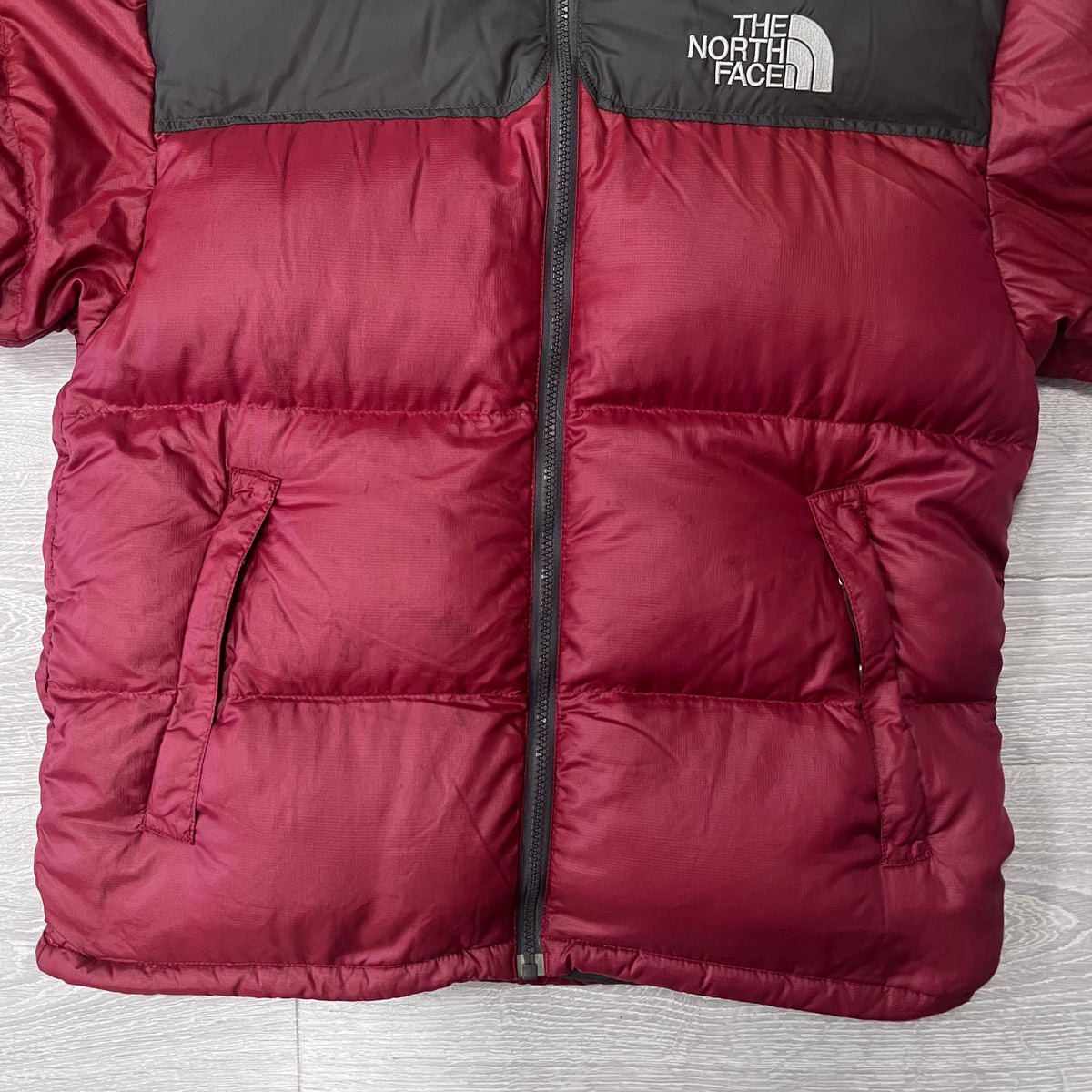 The North Face Light Maroon Red Puffer Jacket WITH STAIN | We Vintage